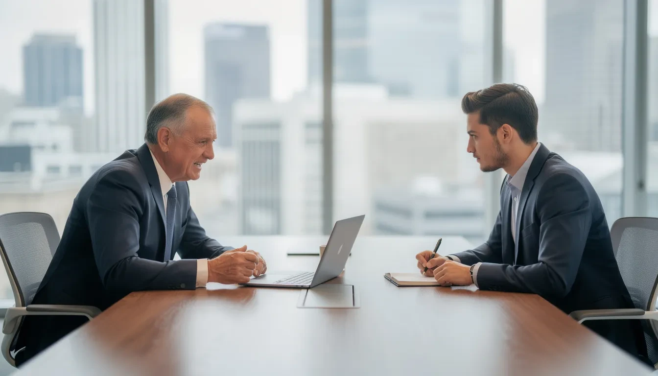 The image depicts two professionals, one older and one younger, engaged in a mentorship meeting at a modern office table, discussing career transitions and exploring new opportunities. This interaction highlights the importance of career coaching and the exchange of actionable advice for mid-career professionals seeking clarity and a fresh start in their professional paths.